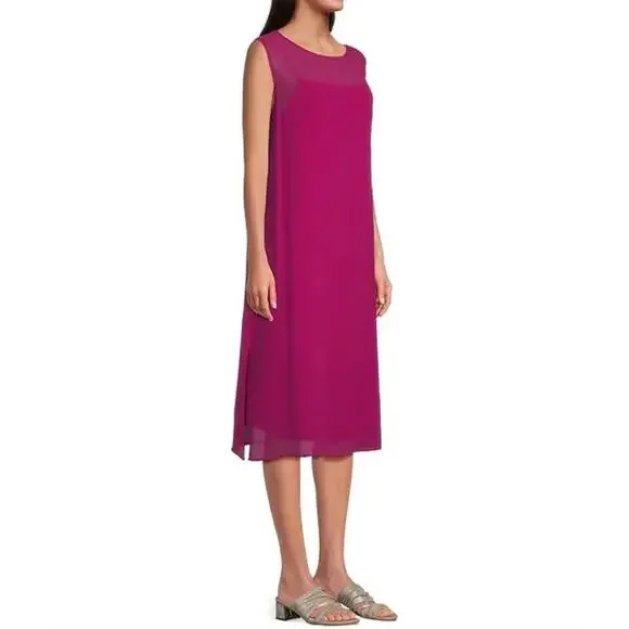 Eileen Fisher Sheer Silk Georgette Boat Neck Sleeveless Midi Dress Sangria L NWT Midi
